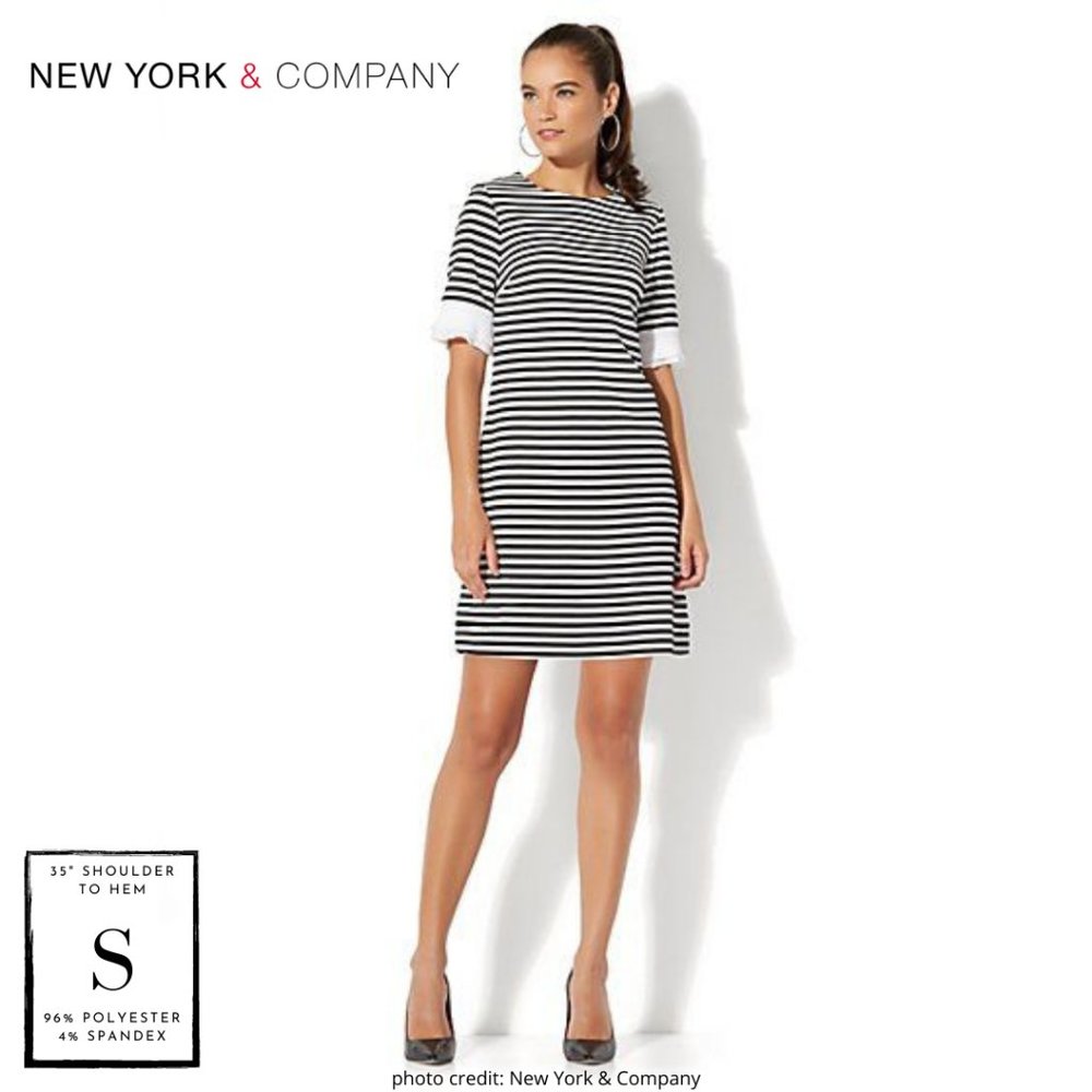 NY&Co Black White Striped Sheath Dress Pleated Sleeve S